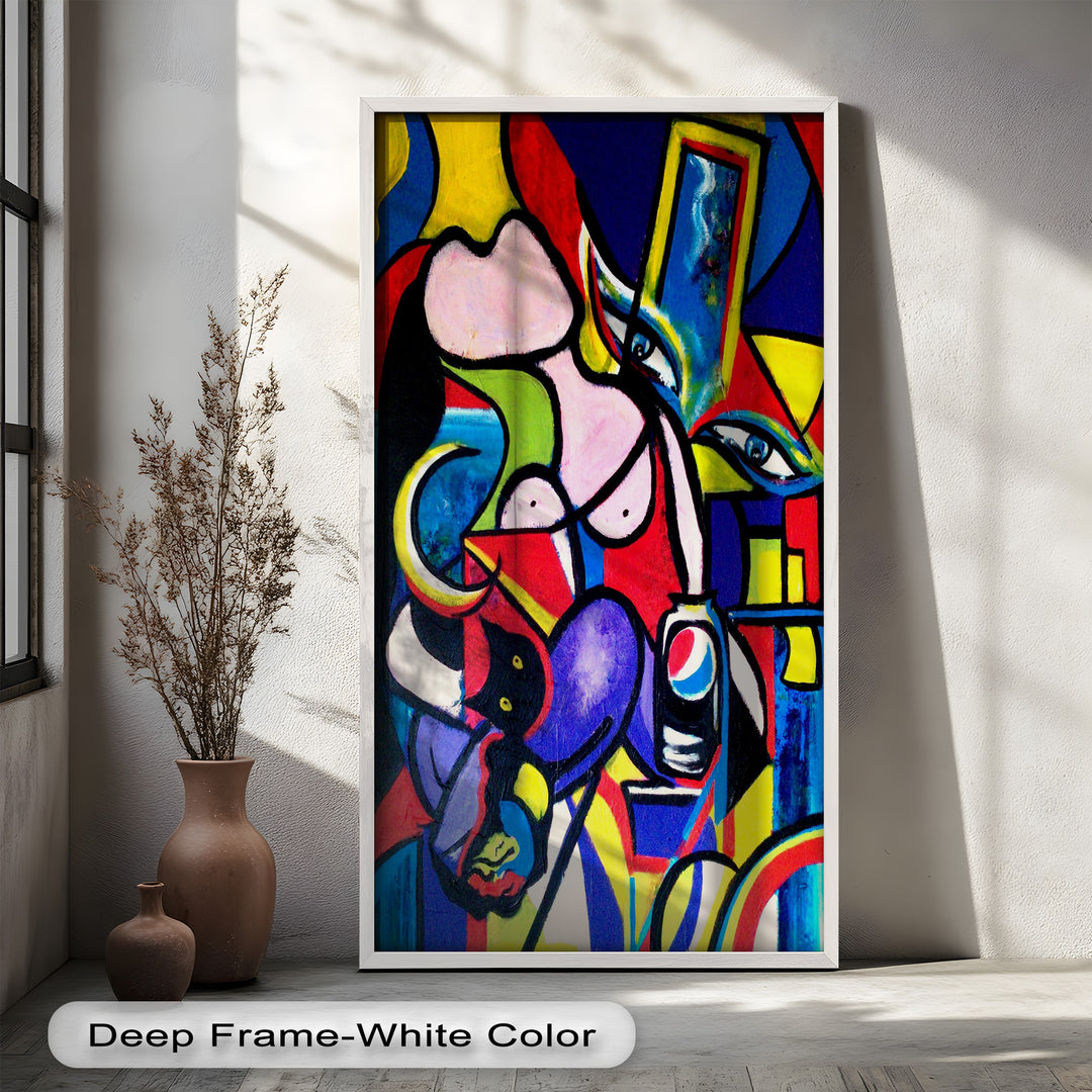 Pop Cubist Woman Wall Art – Abstract Framed Oil Painting