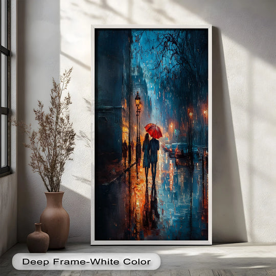 Skillfully crafted, the romantic couple in the rainy city love oil painting showcases exceptional material quality in its textured brushstrokes and vibrant oil painting wall art.
