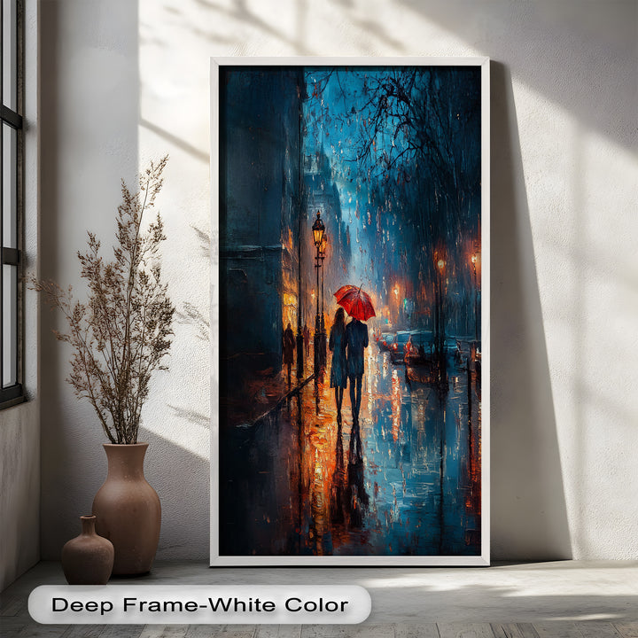 Romantic Couple in Rainy City - Love Oil Painting