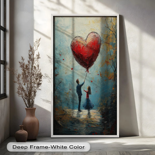 Bold color contrast highlights the whimsical Heart Balloon Dreams, creating inviting oil painting home decor featuring a couple and a vibrant red heart balloon.