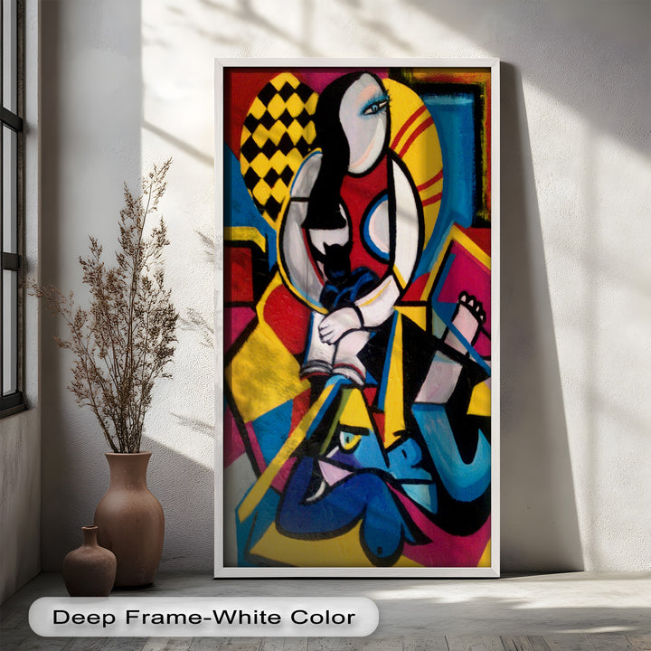 A visually energetic cubist portrait showcasing sharp contrasts, curved lines, and a checkerboard backdrop behind a seated figure.