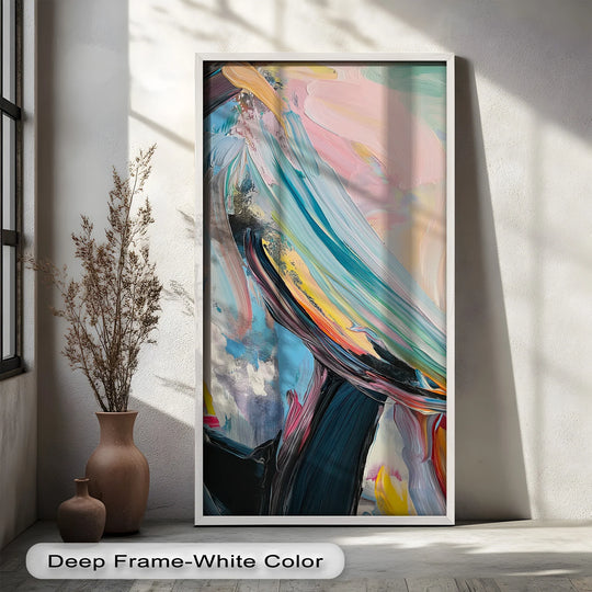 The glossy finish accentuates the bold brushstrokes and vibrant colors of the abstract oil painting reproduction print, highlighting its dynamic and modern design.