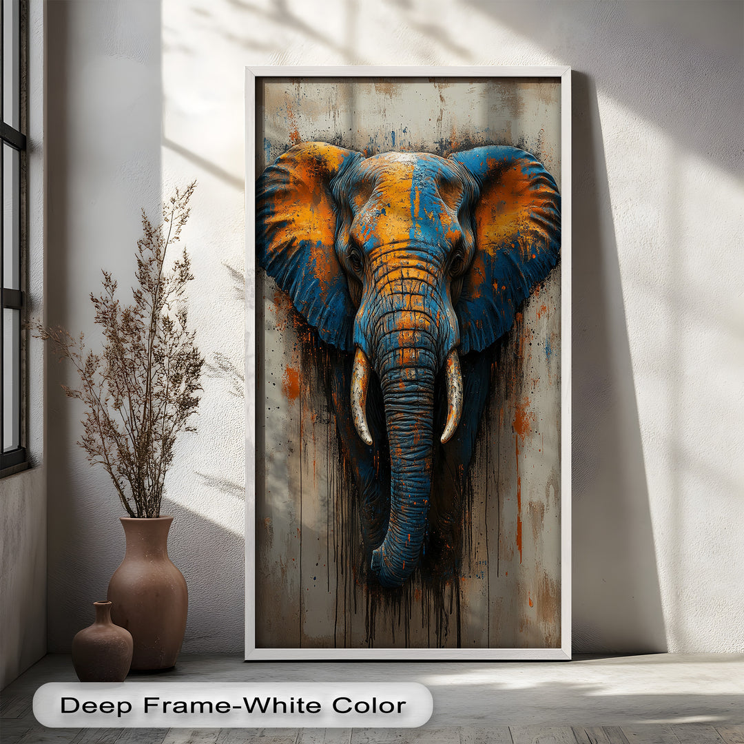 Blue and Orange Elephant Portrait - Animal Oil Painting