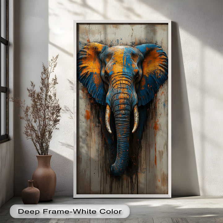 Blue and Orange Elephant Portrait - Animal Oil Painting