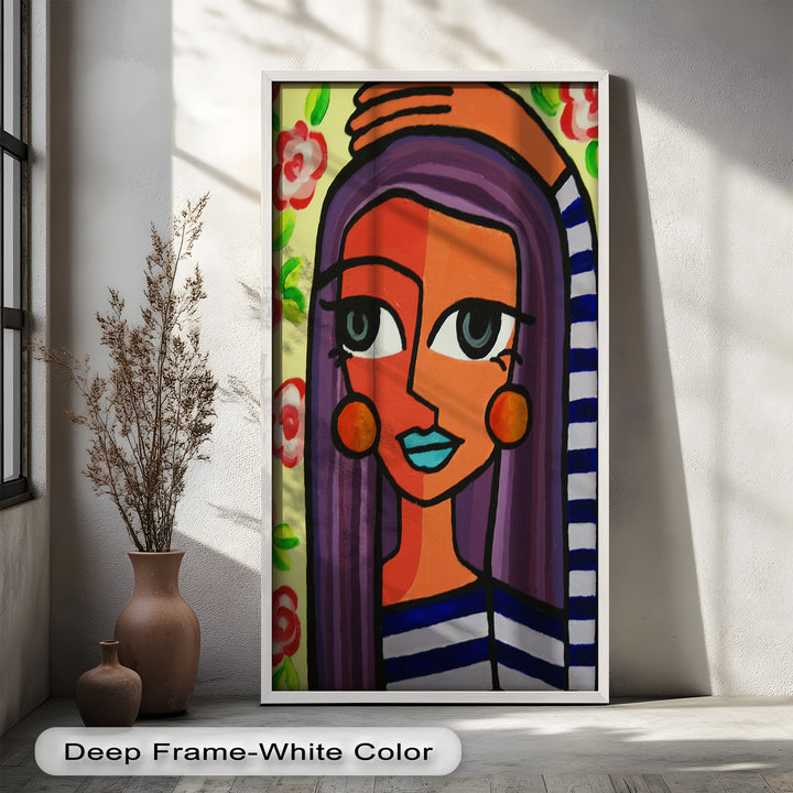 Striped Muse – Vibrant Woman with Flowers Picasso Oil Painting