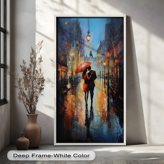 Deep frame highlights the brushstrokes and textured finish of this 'Parisian Embrace' oil painting artwork, enhancing the romantic scene.