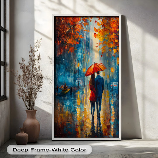 Subtle light and shadow play on the modern oil painting art, depicting a couple under an umbrella, enhancing the romantic and impressionistic scene.