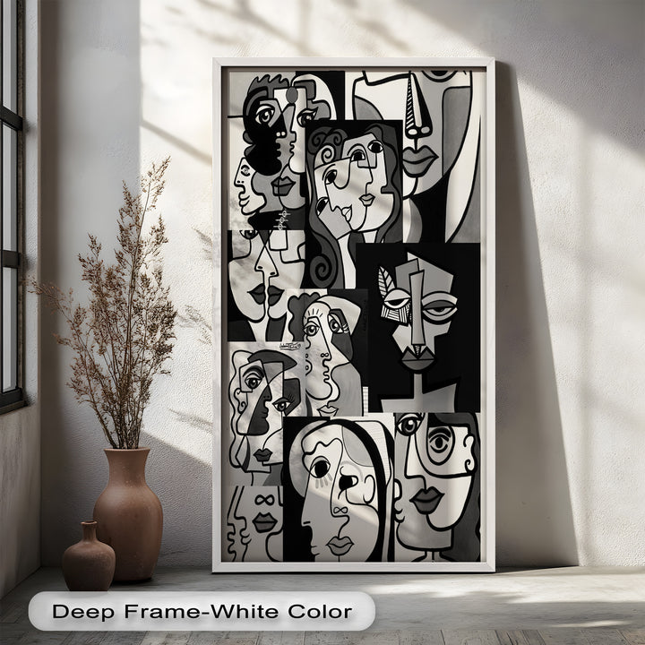 Monochrome Whispers – Collage of Cubist Faces Abstract Oil Painting