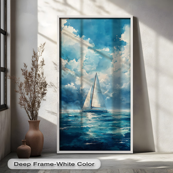 White Sailboat Blue Skies - Modern Oil Painting