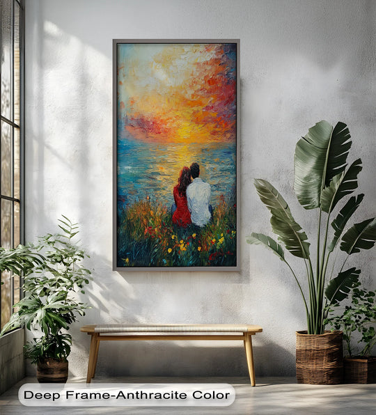 Showcasing the layering effect in the Together at Sunset oil painting decoration, the vibrant hues merge, creating depth and a romantic mood by the sea.