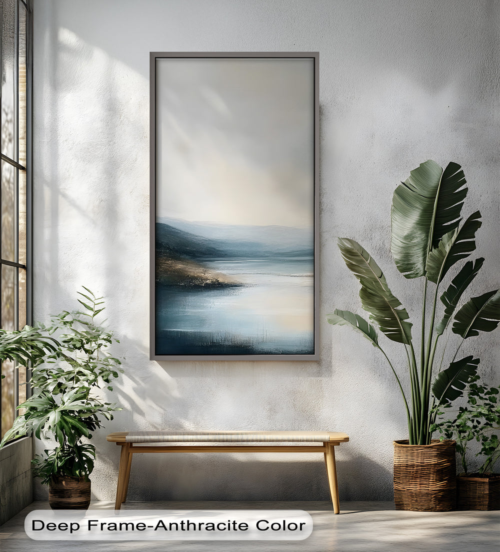 With muted tones of blue, gray, and beige, the artwork evokes serenity and stillness, perfect for modern and peaceful interior spaces.