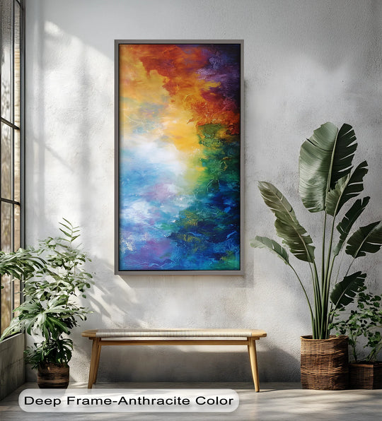 Visible surface texture brings a tactile quality to the celestial vortex abstract in this oil painting home decor, showing layered brushstrokes and rich color blending.