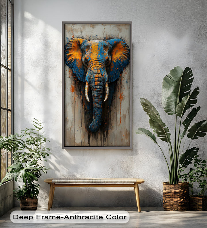 Blue and Orange Elephant Portrait - Animal Oil Painting