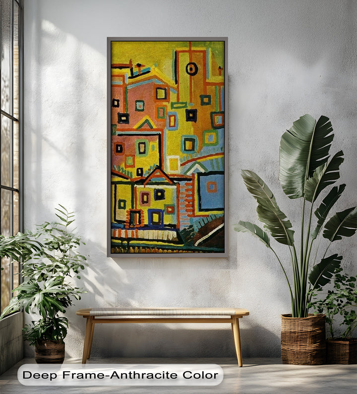 Farbenfrohe geometrische Stadtlandschaft als Wandkunst – kubistisches Ölgemälde