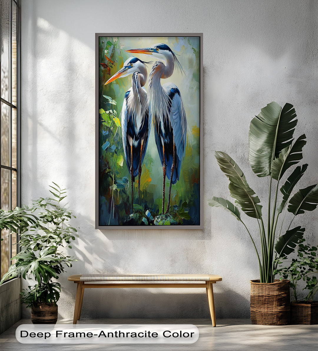 Two Herons Among Verdant Shadows - Animal Oil Painting