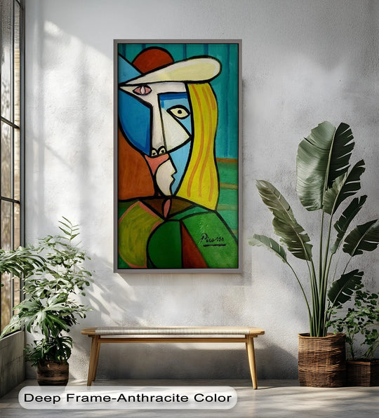 Alternating linear forms and blocks of colour create a compelling visual rhythm in this oil painting wall art of a Cubist woman with golden hair and a white hat.