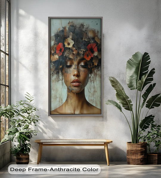 Warm tones dominate this evocative flower oil painting art piece, highlighting the earthy florals and the woman's serene beauty.