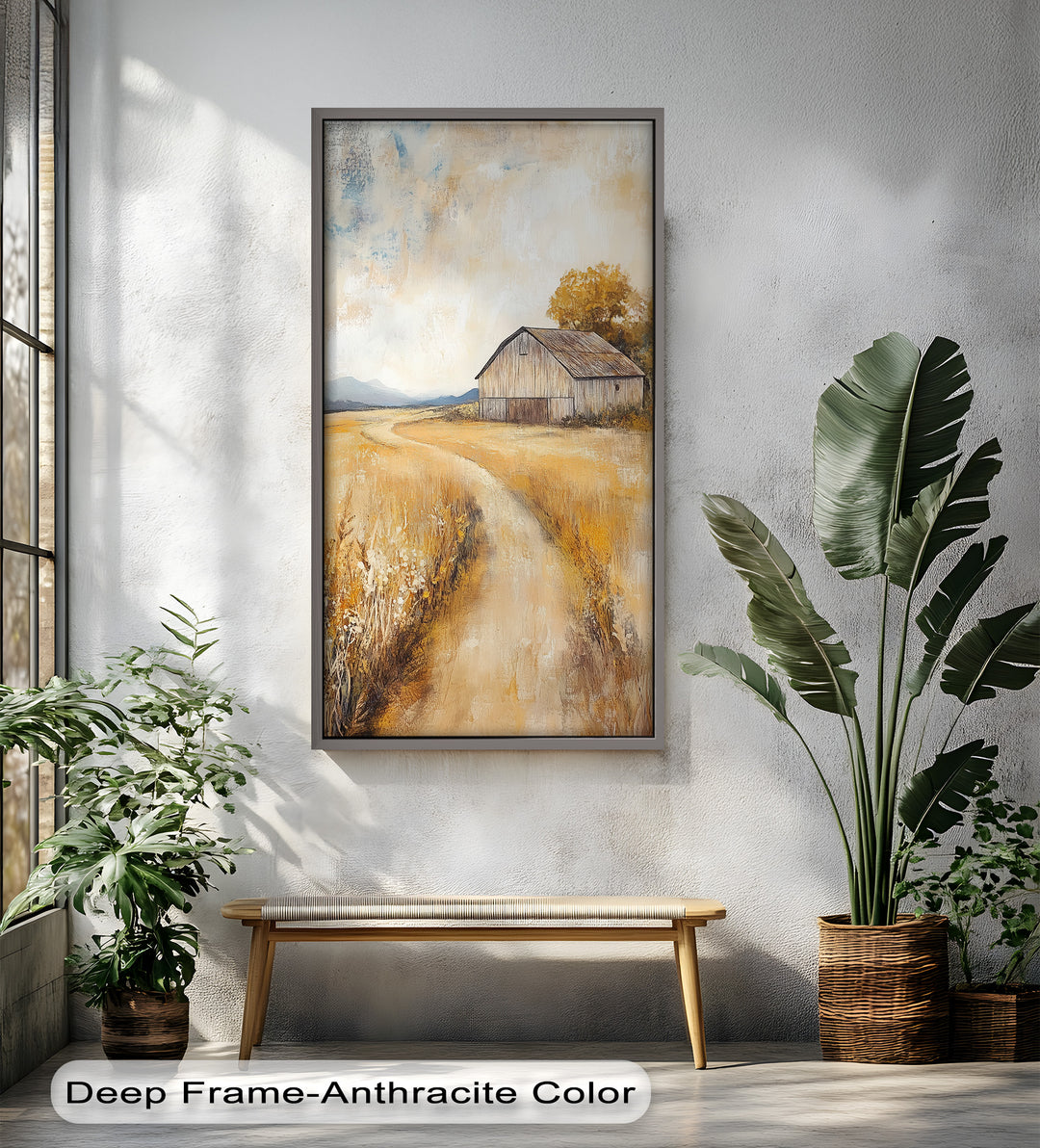 This charming countryside painting captures a winding path leading through golden fields to a rustic barn, bathed in warm autumn light.