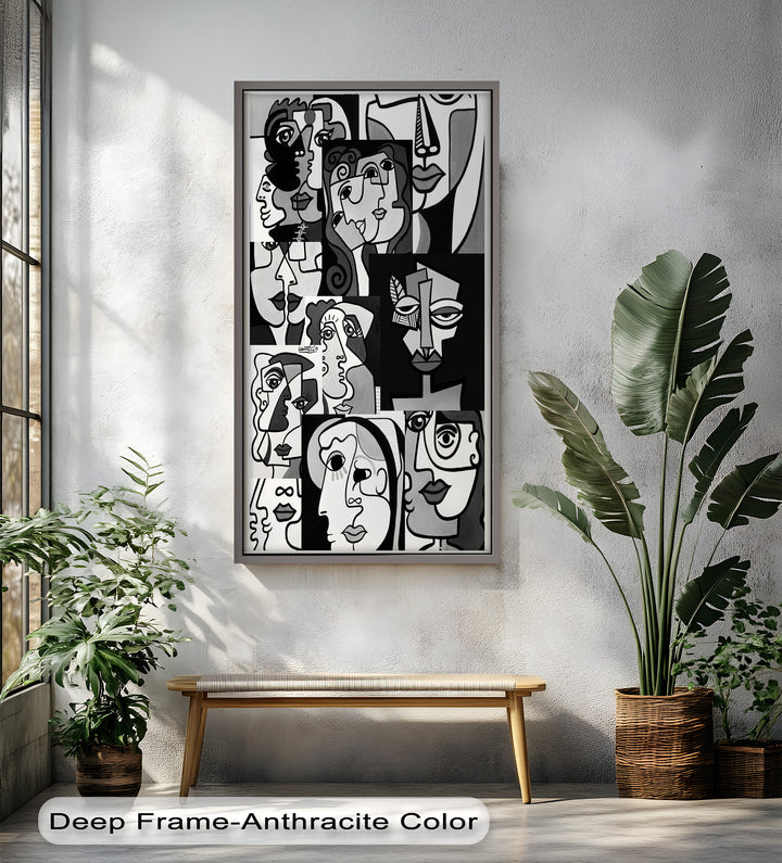Monochrome Whispers – Collage of Cubist Faces Abstract Oil Painting