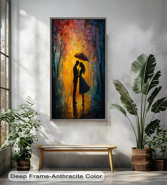 Rectangular oil painting wall art features silhouetted figures under an umbrella, set amidst vertical tree lines and radiant hues, balancing geometric shapes and romanticism.