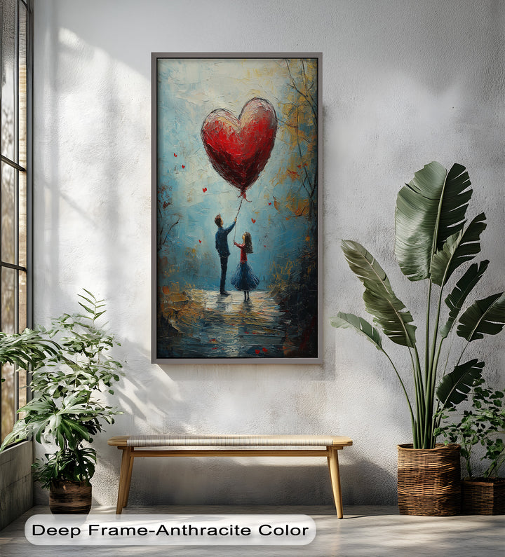 Heart Balloon Dreams – Whimsical Couple Love Oil Painting
