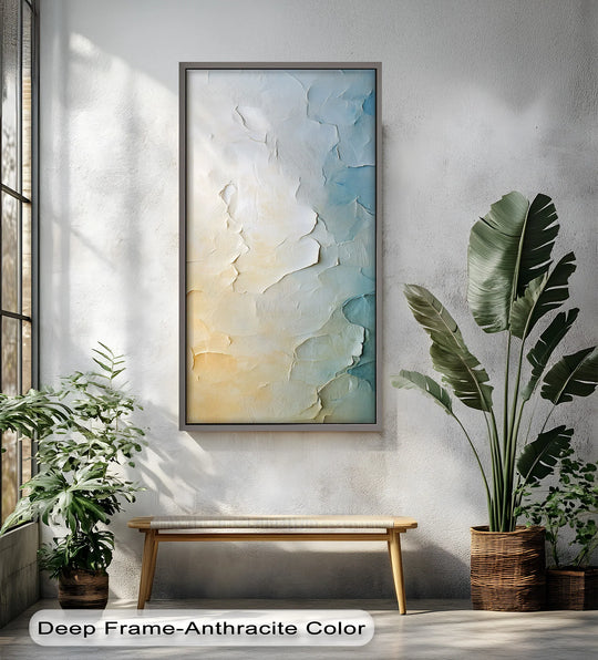 The central subject is a textured abstract oil painting artwork, 'Windswept Calm,' showcasing soft neutrals blending into calming blue tones within a deep anthracite frame.