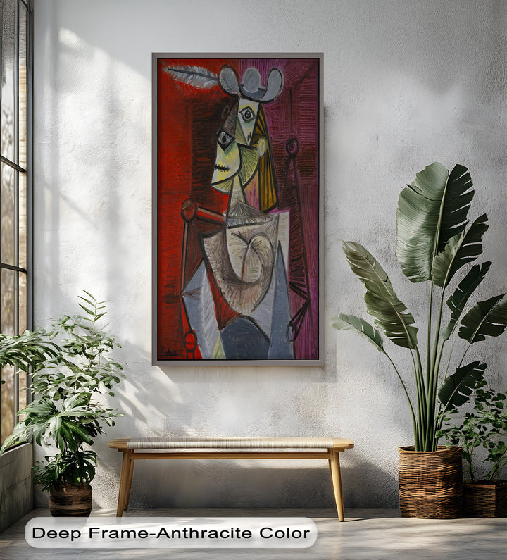 Bold in Crimson – Woman with Feather Hat Abstract Oil Painting