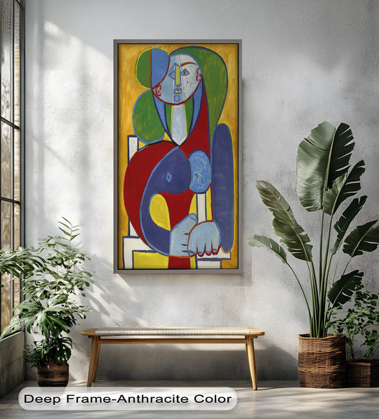 Angular forms define this oil painting wall art of a seated woman, a colorful cubist portrait that emphasizes bold geometric elements in an abstract design.