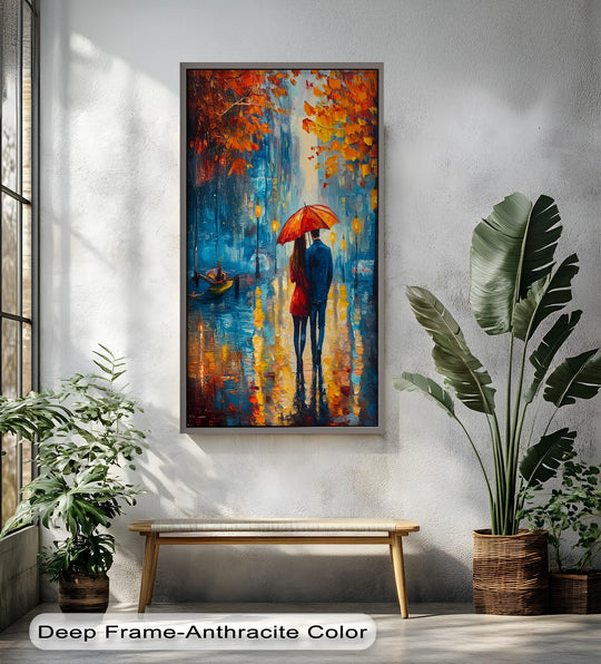 The layering effect of the impressionist couple's oil painting art prints creates a dreamy depth as they stroll under a red umbrella in the autumn rain.