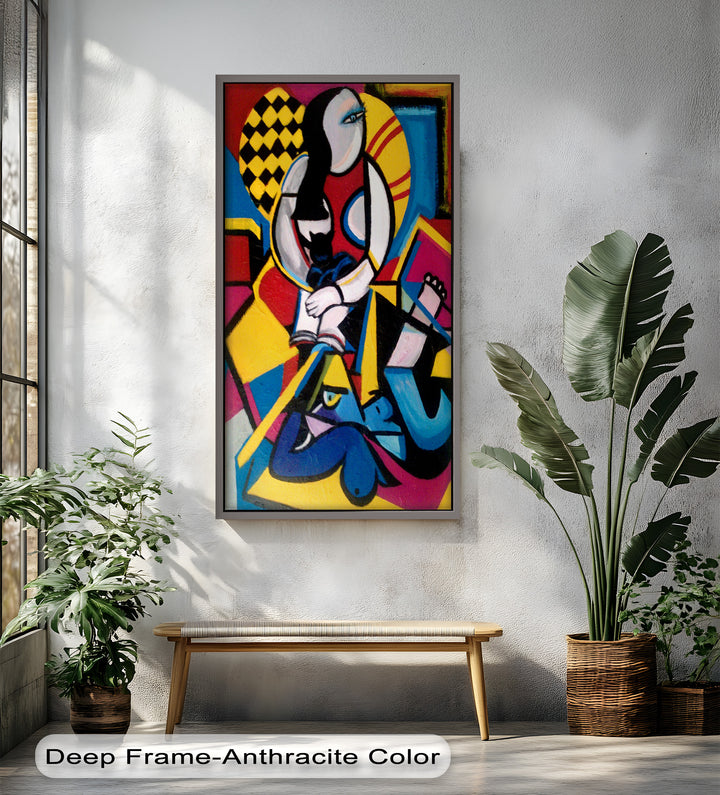 Bunte sitzende Frau Wandkunst – kubistisches Ölgemälde