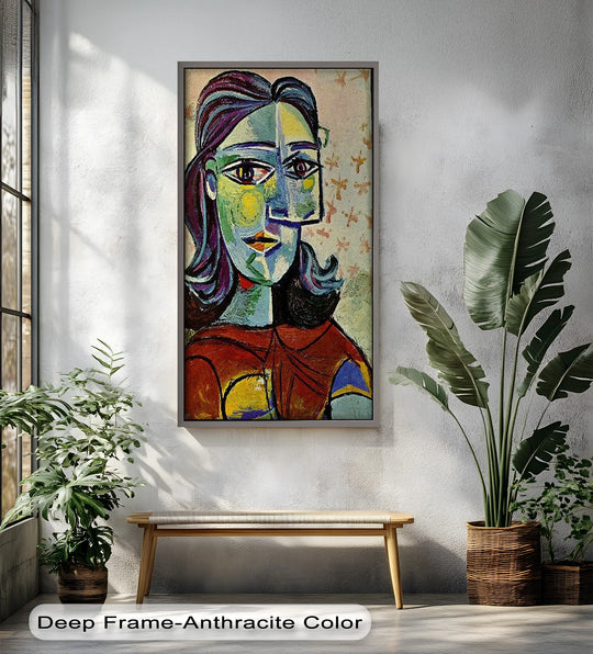 Geometric shapes define the vibrant 'Colorful Portrait with Butterfly Accents' Picasso oil painting, showcasing cubist forms in this striking oil painting art prints piece.