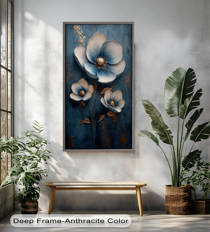 Deep Blue and Metallic Floral Elegance - Flower Oil Painting