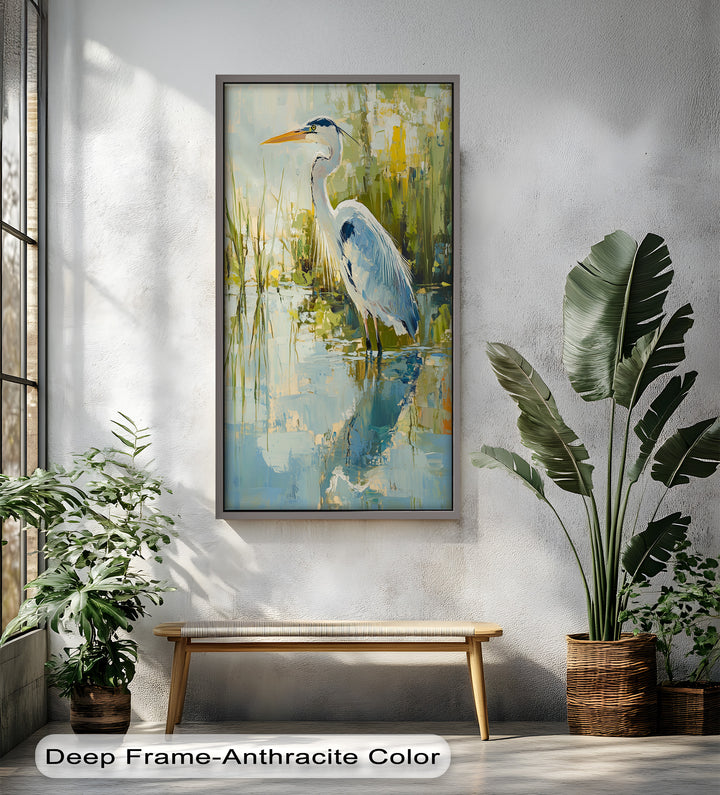 Heron Amid Textured Reflections - Animal Oil Painting