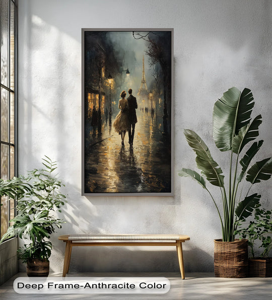 Warm light radiates from street lamps in this oil painting art prints, highlighting a romantic couple strolling in Paris toward the iconic Eiffel Tower.