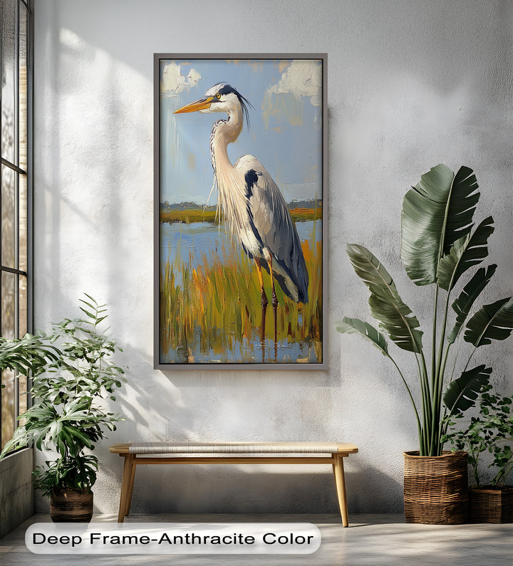 Heron in Sunlit Wetlands - Animal Oil Painting