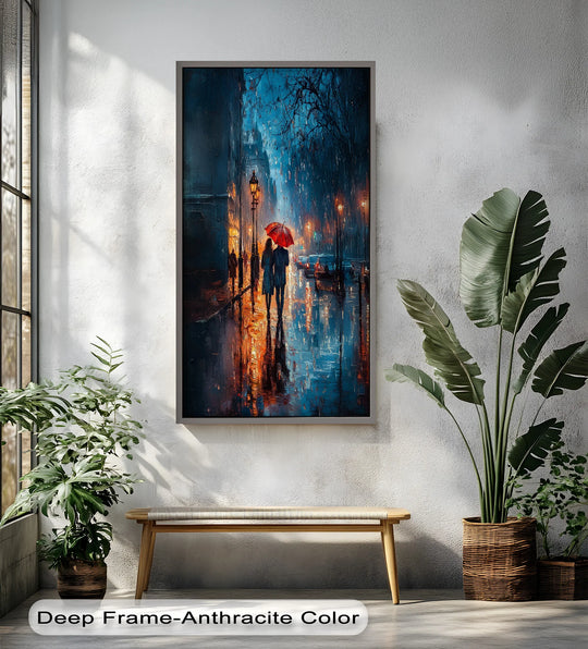 Creating depth and layers, the romantic couple in the rain art features stunning reflections and glowing lights, adding charm to any oil painting home decor.
