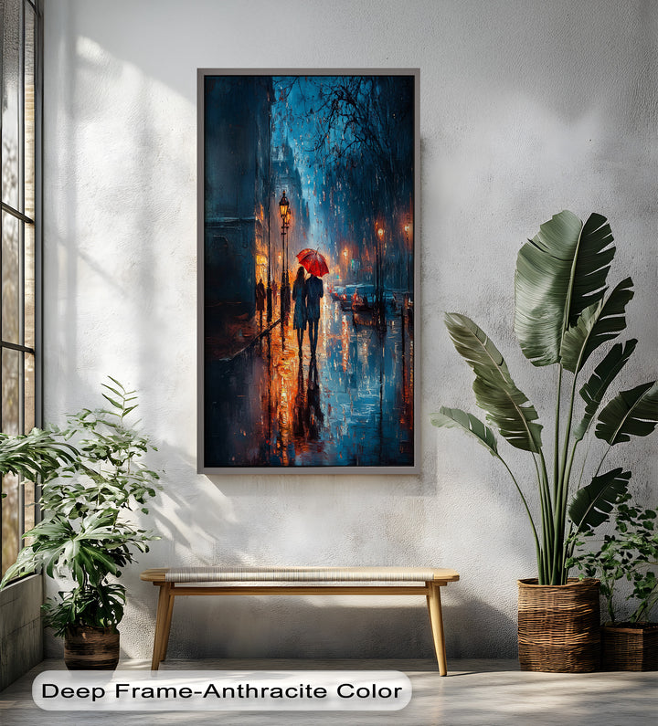 Romantic Couple in Rainy City - Love Oil Painting
