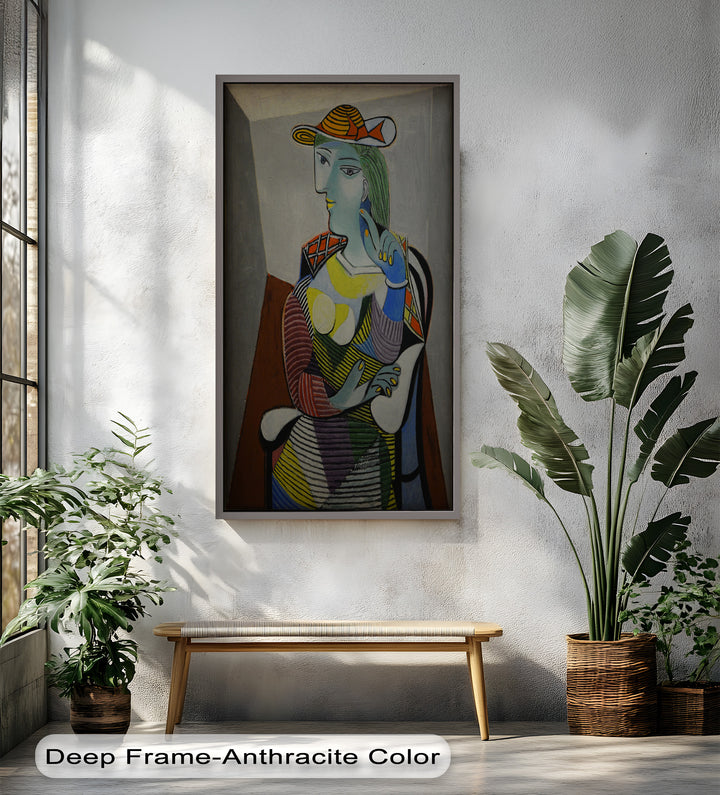 Striped Thoughts – Colorful Woman in Hat Picasso Oil Painting
