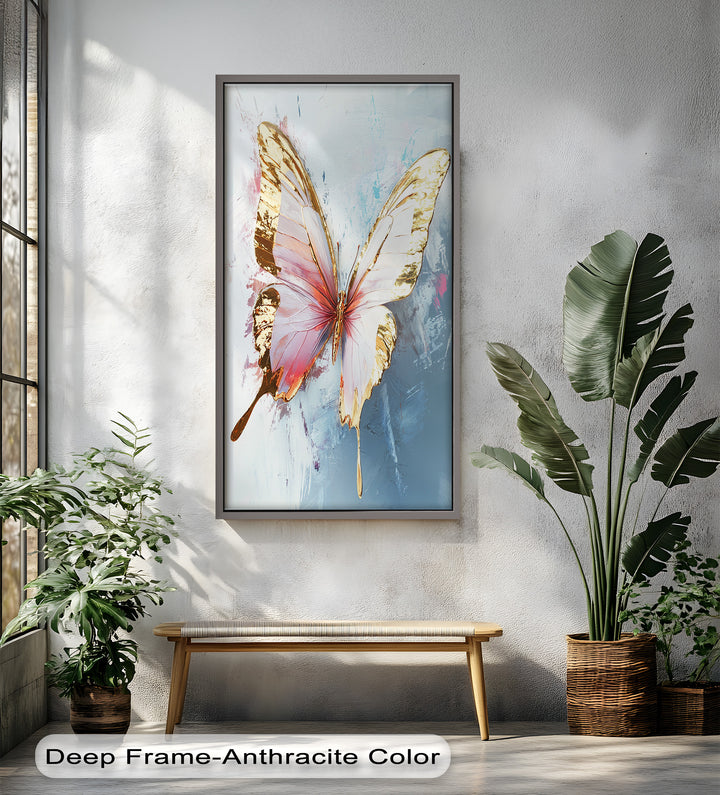 Gold und Blush Schmetterling in Bewegung - Tier Ölgemälde