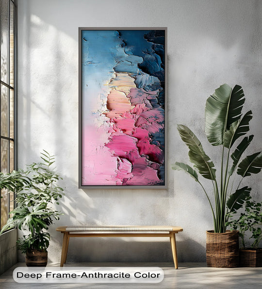 The focal point is this deeply textured vertical abstract oil painting wall art, its expressive palette knife strokes blending shades of pink, blue, and white in a modern oil painting.