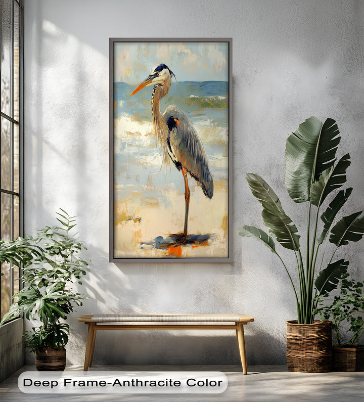 Coastal Heron with Ocean Breeze - Modern Oil Painting