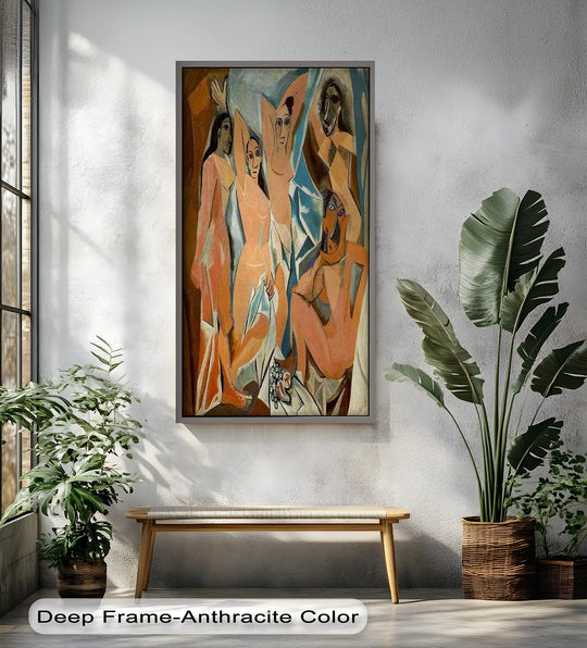 Displaying an abstract quality, the 'Les Demoiselles' oil painting art prints present a cubist masterpiece with bold colors and geometric figures evoking Picasso's innovative style.