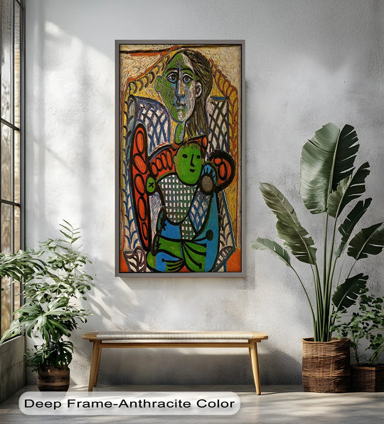 Transitions between shades of green and blue highlight the expressive brushstrokes in this Green Embrace – Mother and Child Picasso oil painting artwork.