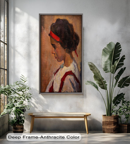 Earthy browns and reds dominate this oil painting artwork featuring a crimson headband on a girl in a classical side profile, rendering a quiet and introspective portrait.