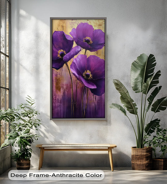 Aromatic purple florals in a flower oil painting featuring gold accents, creating an eye-catching oil painting wall art centerpiece.