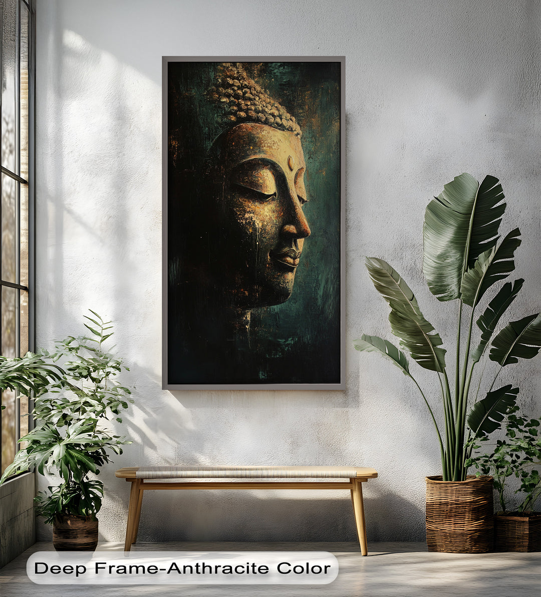 A serene side profile of a golden Buddha statue set against a dark, textured background, radiating peace and mindfulness.