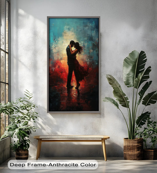 Intense color saturation highlights the fiery hues of this oil painting reproduction print, depicting a couple embracing in a passionate sunset scene.