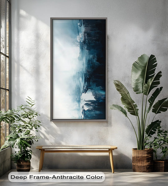 Vertical and rectangular, this striking Midnight Fjord features an oil painting reproduction print in deep blue abstract hues, perfect for adding artistic flair.