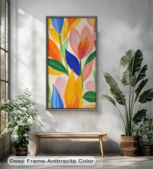 Illuminated by the sunlight, the abstract botanical oil painting home decor bursts with a colorful array of whimsical flowers and bold pastels.