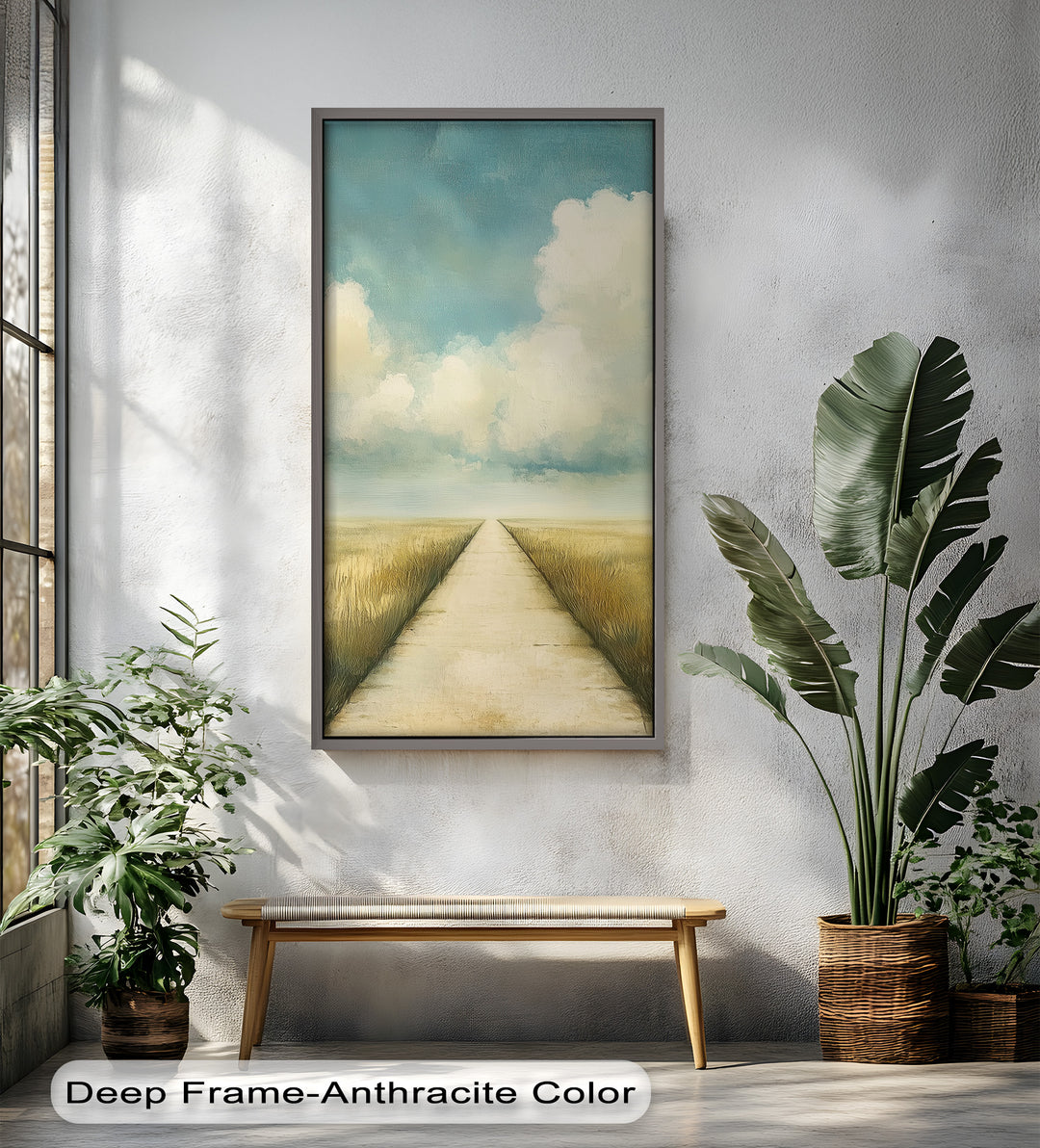 This peaceful landscape painting features a long, straight path stretching toward the horizon beneath a wide sky filled with soft, billowing clouds.